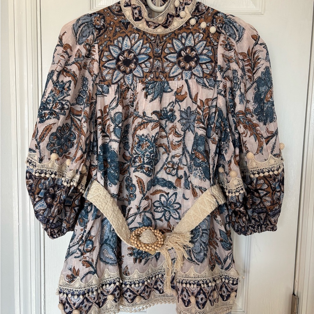 Zimmermann Blue and Cream Embroidered Blouse